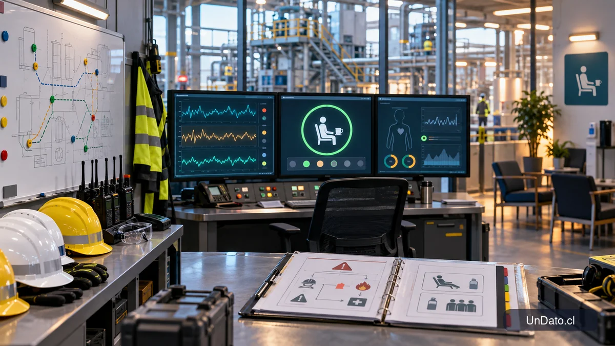 Centro de control industrial con tecnología de detección de fatiga, protocolos de seguridad y organización de turnos