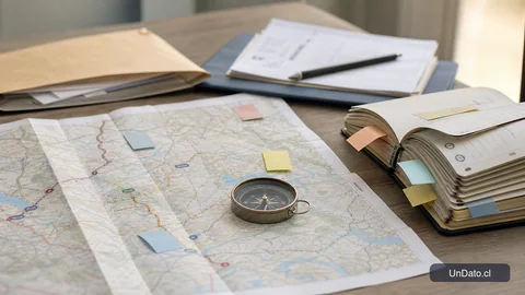 Mapa de ruta con tarjetas de etapas, una brújula y una libreta de contactos sobre una mesa.