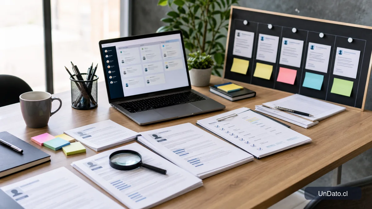 Mesa de reclutamiento con CVs, laptop abierta, lupa y criterios de evaluación para revisar postulaciones.