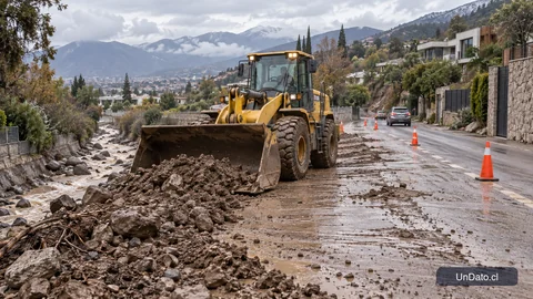 Cargador frontal despeja barro y piedras de una vía para recuperar el acceso tras un aluvión.