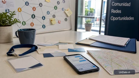 Mural de red profesional con tarjetas de empresas, una credencial de feria laboral, un teléfono con un mensaje enviado y un mapa pequeño de Santiago.