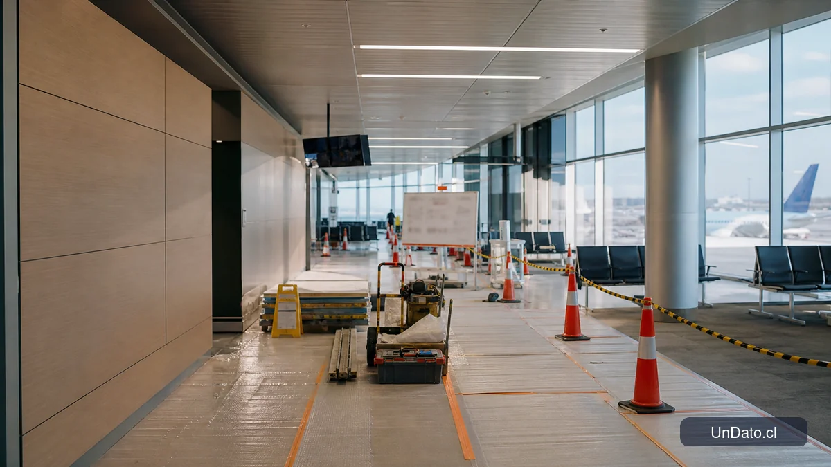 Sala de embarque en remodelación con terminaciones, señalética temporal, barreras de seguridad y un tablero de avance de obra.