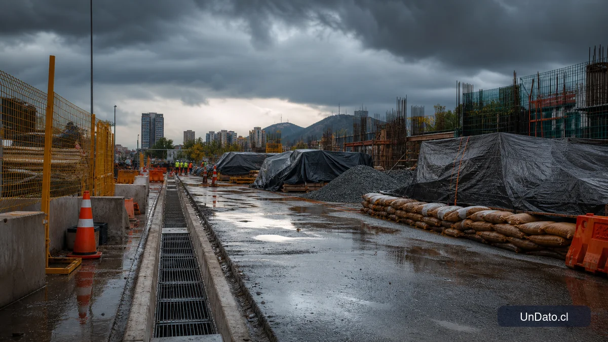 Obra de construcción preparada para lluvias intensas, con materiales protegidos, drenajes y señalización preventiva.