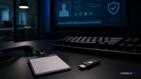 Pantalla de evaluación remota con credencial de acceso, llave de seguridad digital y teclado mecánico sobre una mesa oscura.