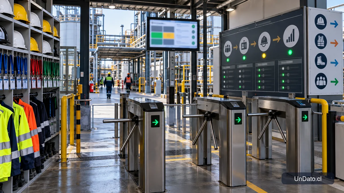 Pórtico de una planta industrial con controles de acreditación, señalética de seguridad y panel de seguimiento de personal