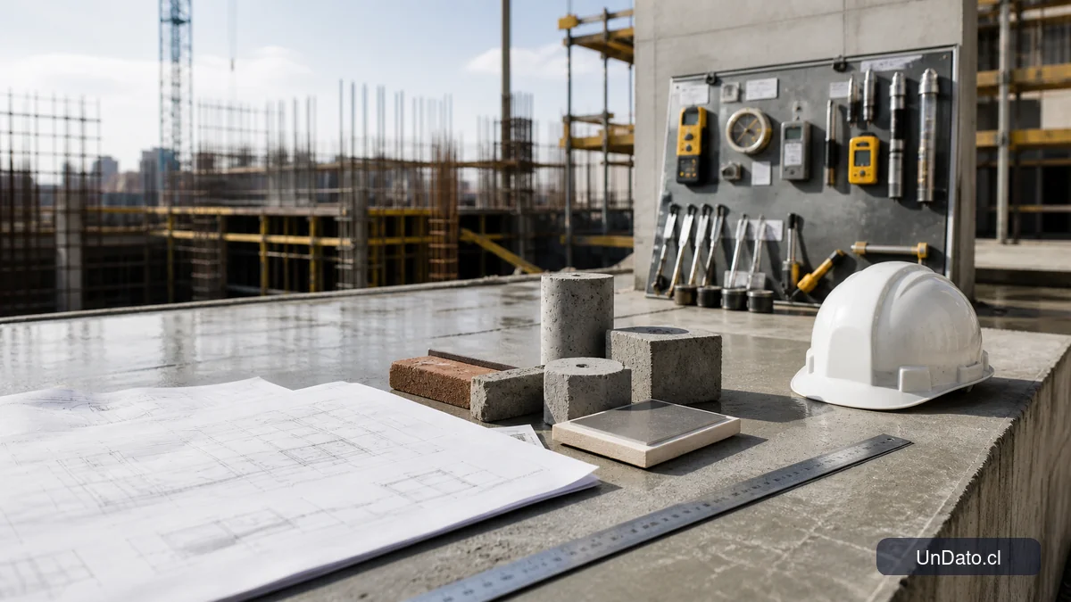 Plano técnico, muestras de materiales y herramientas de medición sobre una obra en construcción.
