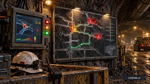 Panel de monitoreo de una faena minera con alertas geotécnicas vinculadas a un plano de labores subterráneas