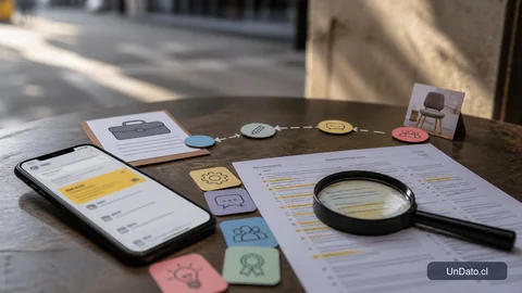 Pantalla de teléfono con una oferta de trabajo, tarjetas de habilidades y una ruta de postulación marcada por palabras clave.