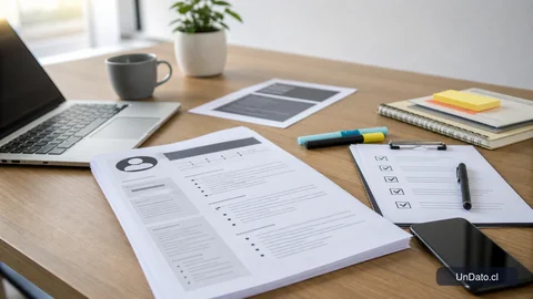 Escritorio con currículum, lista de verificación y oferta de trabajo impresa para una postulación más precisa.