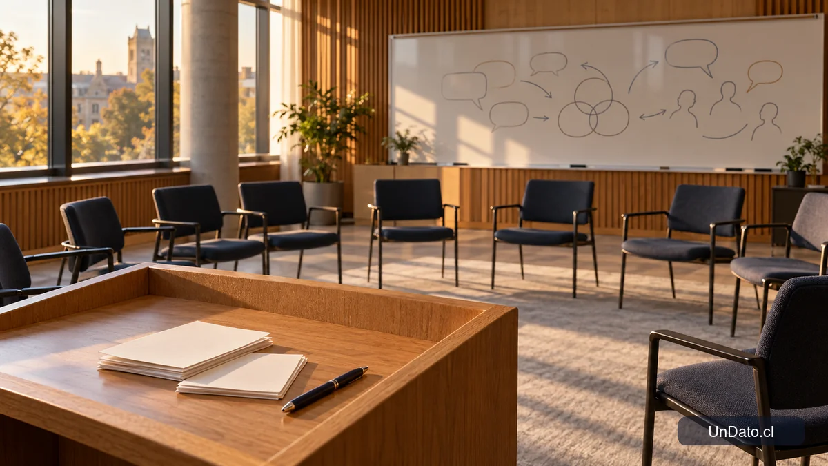 Sala universitaria preparada para un taller de preparación de entrevistas laborales, con pizarra y tarjetas de preguntas.