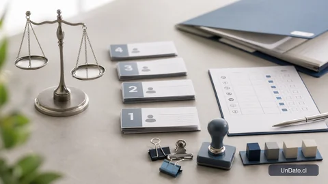 Tarjetas numeradas de candidatos junto a una balanza, una pauta de evaluación y fichas de etapas de selección.