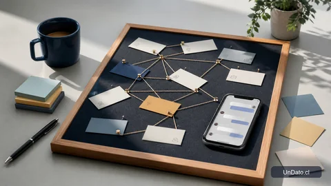 Tablero con tarjetas de contactos, hilos que conectan sectores laborales y un teléfono con mensajes de seguimiento.