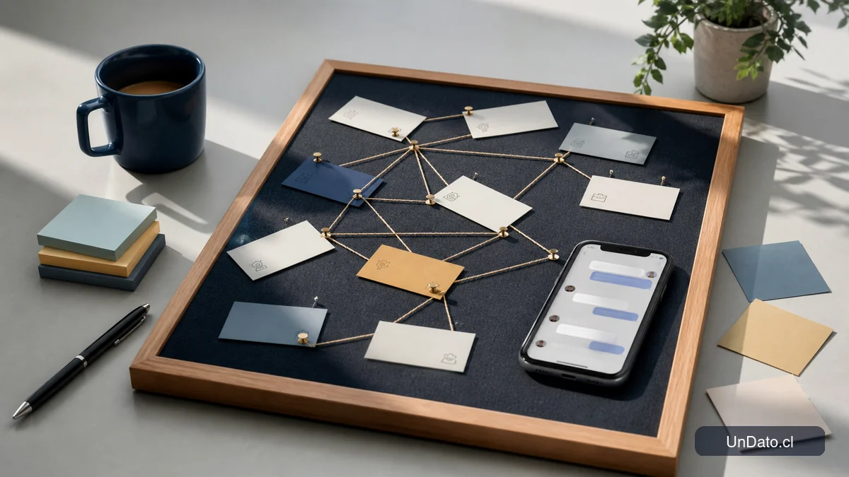 Tablero con tarjetas de contactos, hilos que conectan sectores laborales y un teléfono con mensajes de seguimiento.