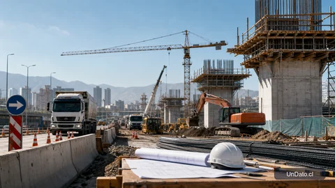 Obra de infraestructura con grúas, maquinaria vial, conos de desvío y estructuras de hormigón en construcción.