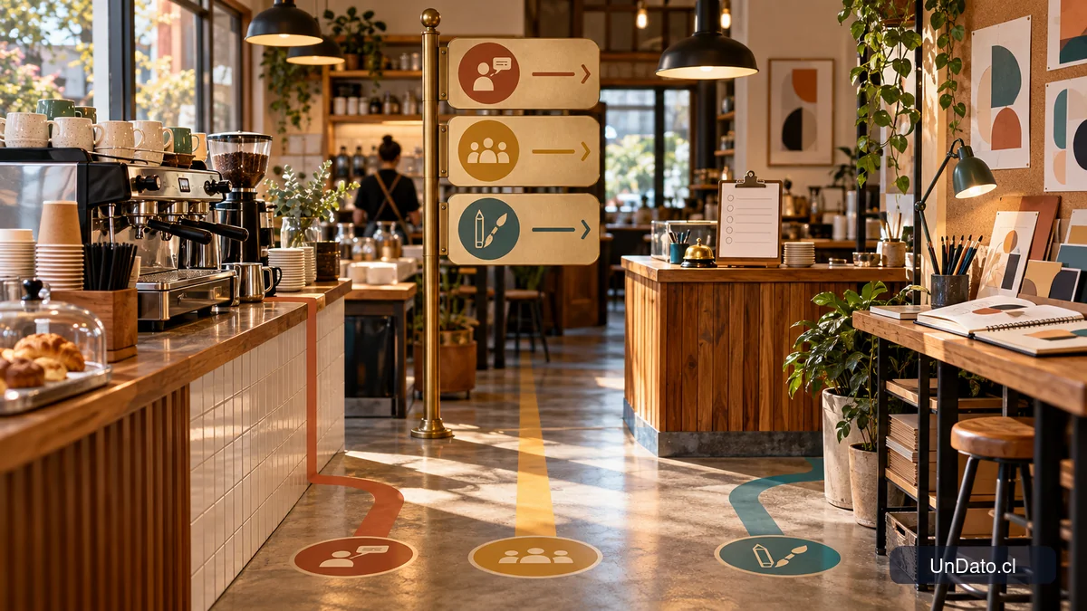 Composición gráfica de una cafetería con rutas visuales que conectan distintos tipos de cargos y oportunidades laborales.