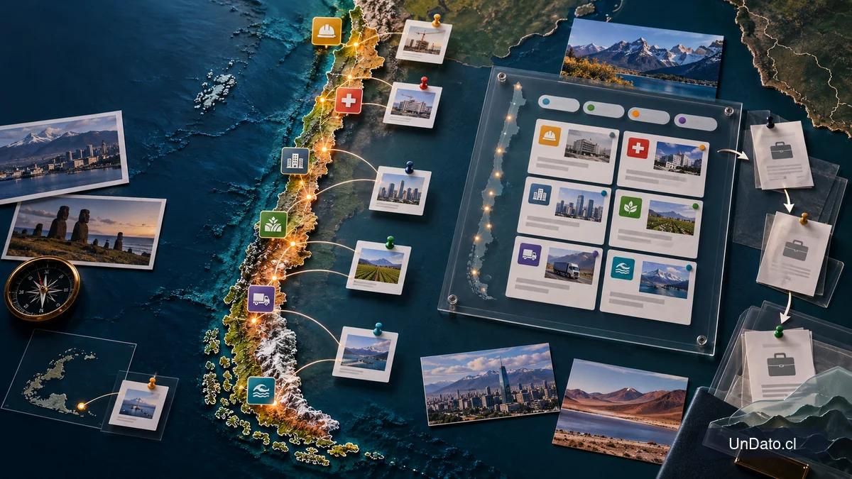 Mapa de Chile con conexiones entre regiones y tarjetas que representan ofertas laborales filtradas por ubicación y jornada