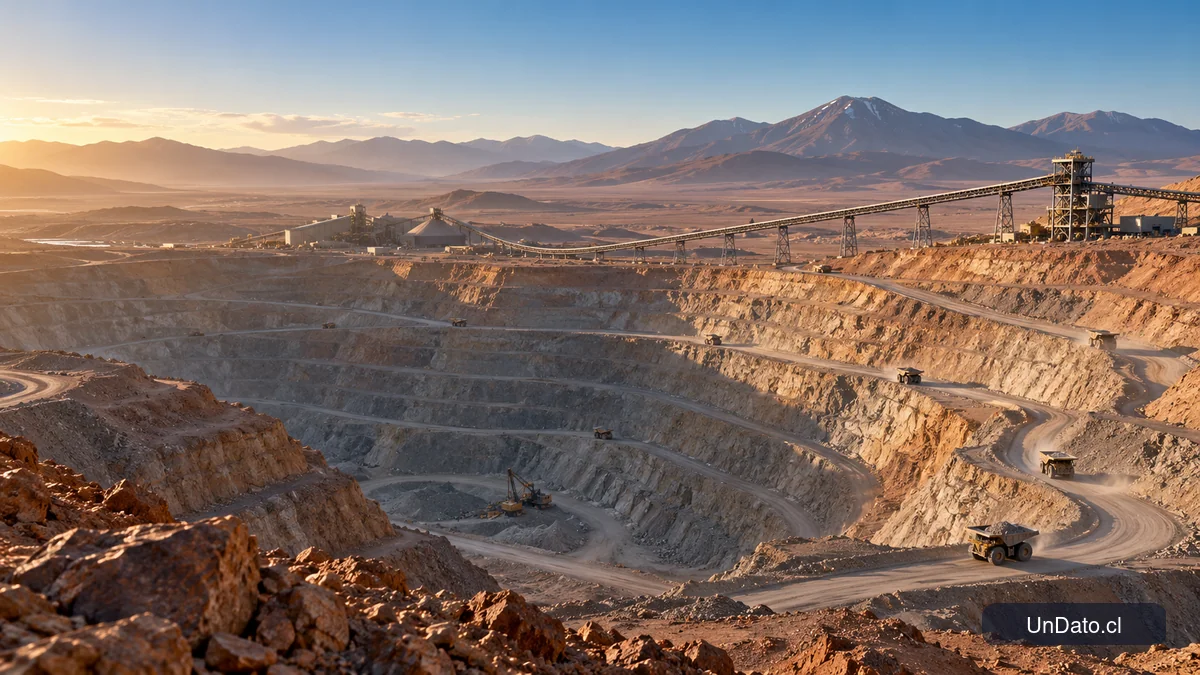 Vista de una faena minera a rajo abierto con bancos de extracción, caminos operacionales y una correa transportadora en el norte de Chile