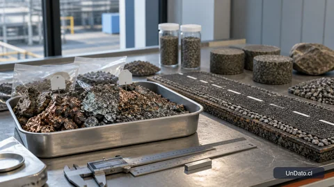 Muestra de material minero en laboratorio junto a herramientas técnicas y una maqueta de camino para ilustrar economía circular en obras públicas.