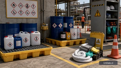 Zona de acopio industrial con tambores etiquetados, un kit de derrames, señalización de riesgo químico y bandejas de contención.