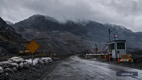 Ruta de acceso minera con señalética preventiva, sacos de arena, una caseta de control y cerros con lluvia al fondo.