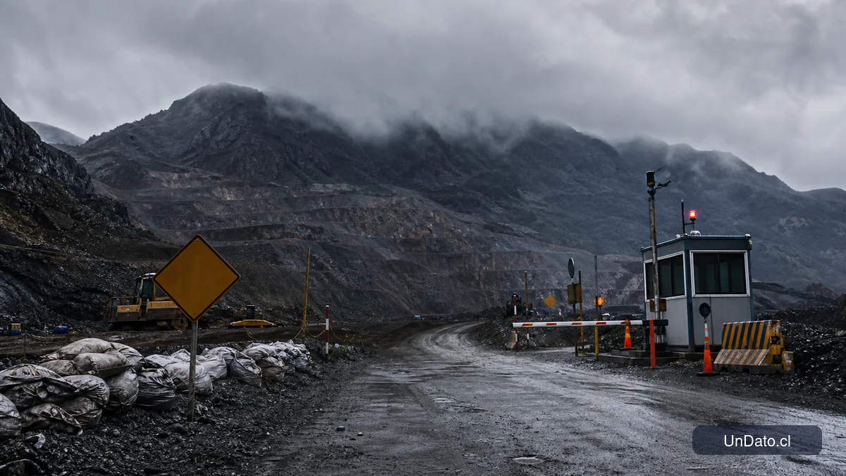 Ruta de acceso minera con señalética preventiva, sacos de arena, una caseta de control y cerros con lluvia al fondo.