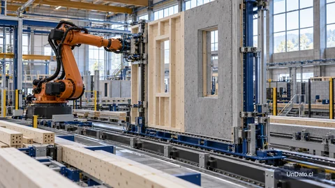 Brazo robótico industrial trabajando junto a un panel modular en una nave de fabricación para construcción.
