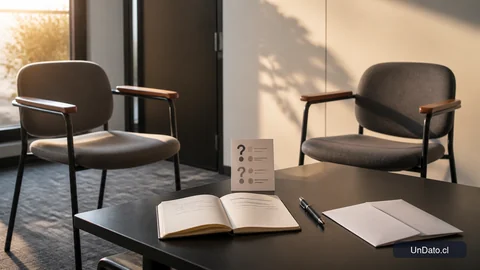 Una sala de reunión con dos sillas, una tarjeta con preguntas clave y una libreta abierta con respuestas breves.