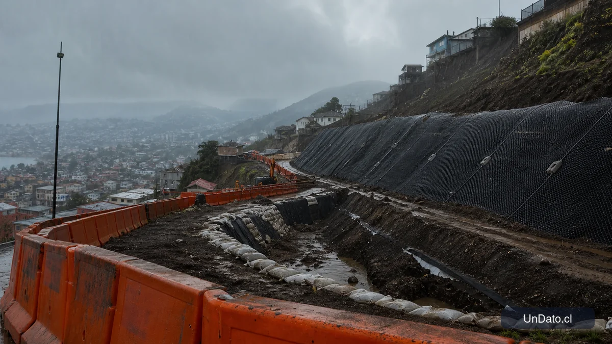 Obra vial con barreras de seguridad, sacos de arena, drenajes y una ladera bajo lluvia intensa.