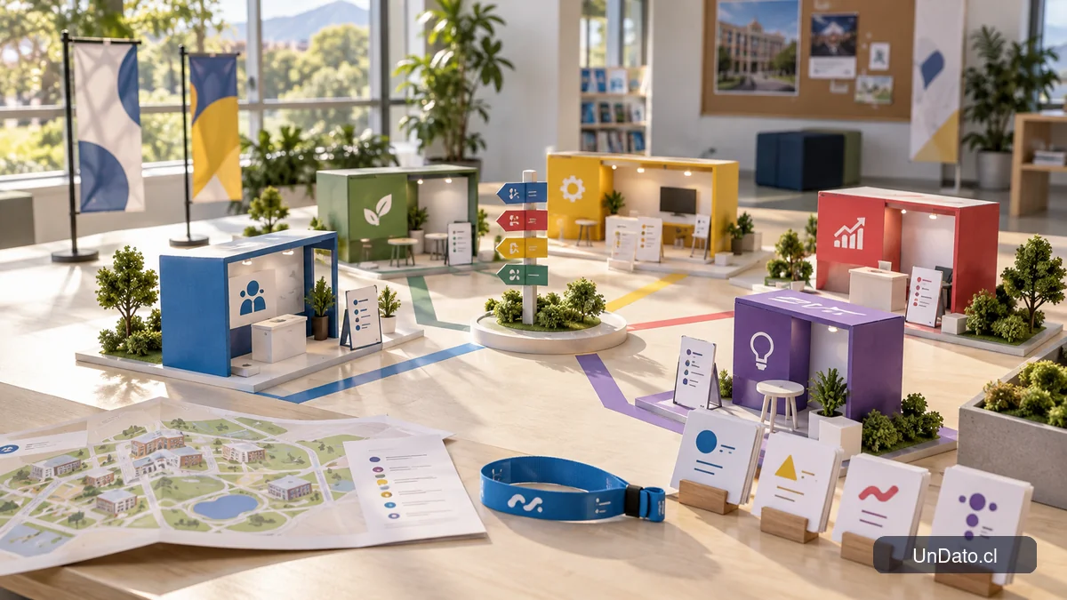 Mapa gráfico de una feria laboral virtual con pabellones profesionales y tarjetas de oportunidades conectadas por rutas.
