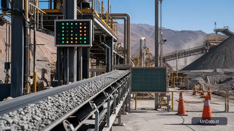 Corredor industrial de una faena minera con una cinta transportadora, un tablero de indicadores y señalización de seguridad.
