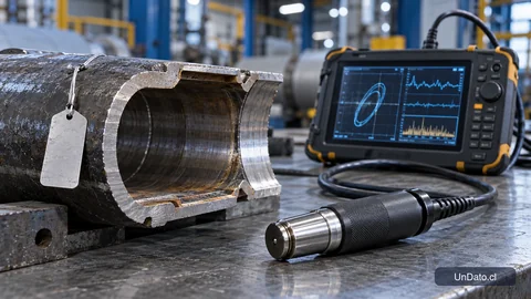 Sonda de inspección electromagnética junto a un componente tubular industrial y una pantalla de medición.