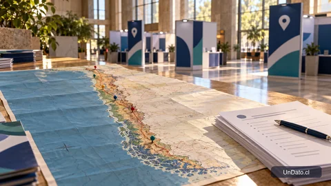 Mapa de Chile con marcadores regionales, módulos de feria laboral y tarjetas de vacantes conectadas.
