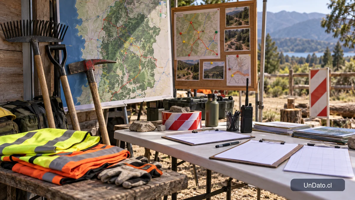 Punto de inscripción para empleos temporales de prevención de incendios con mapa regional, herramientas de terreno y señalización de seguridad