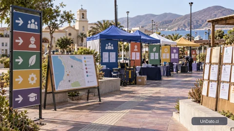 Módulos de atención y señalética por rubro en una feria laboral instalada en una plaza de Huasco.
