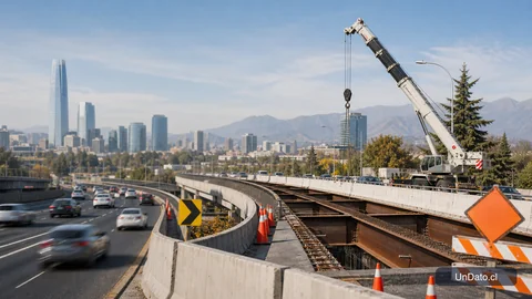 Puente urbano en reparación con vigas de acero, barreras de obra y señalización de desvío en una avenida de alto tráfico.
