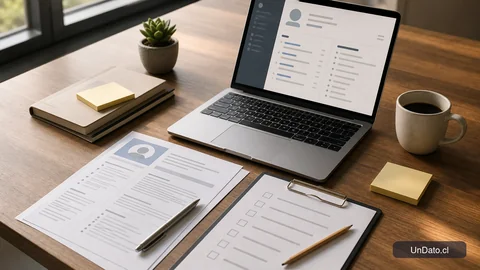 Escritorio con un currículum impreso, un notebook abierto y una lista de verificación de selección sobre una mesa de oficina.