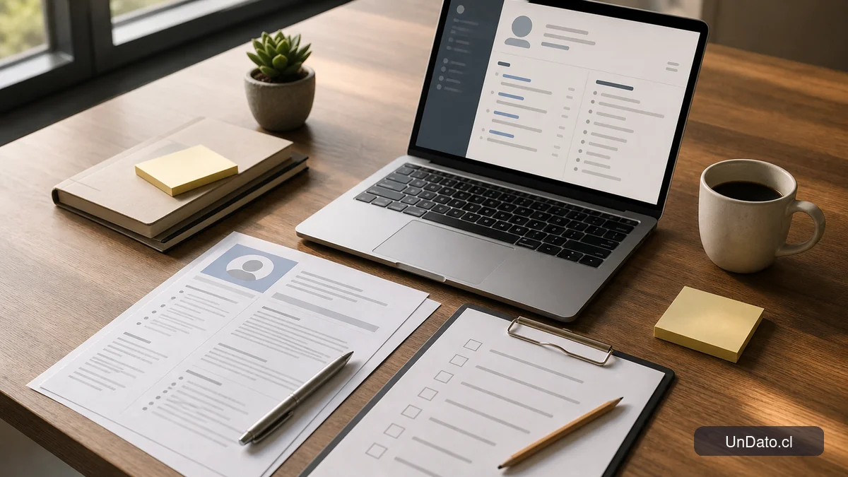 Escritorio con un currículum impreso, un notebook abierto y una lista de verificación de selección sobre una mesa de oficina.
