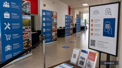 Feria laboral con señalética de vacantes, un código QR de postulación y paneles informativos en un recinto.
