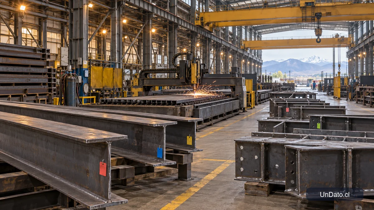 Vigas y componentes de acero en proceso de fabricación dentro de una planta metalúrgica