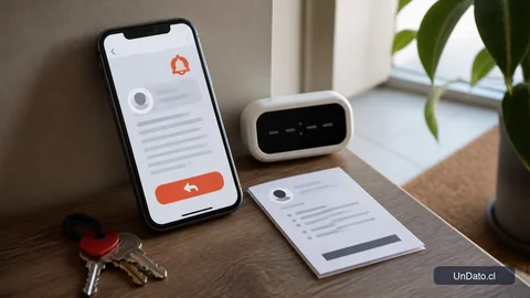 Teléfono con una notificación de reclutamiento, un botón de responder resaltado, una tarjeta de vacante y un reloj digital.