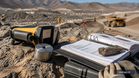 Equipo técnico de inspección sobre terreno rocoso en el norte de Chile, con instrumentos de medición, una pieza metálica y documentación de trabajo.