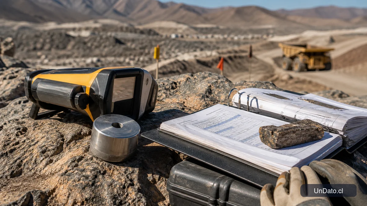 Equipo técnico de inspección sobre terreno rocoso en el norte de Chile, con instrumentos de medición, una pieza metálica y documentación de trabajo.