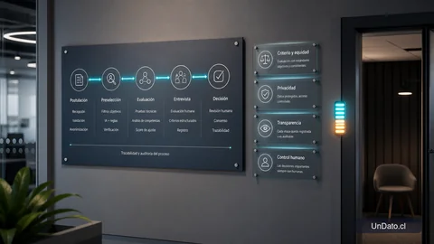 Panel digital con etapas de postulación, tarjetas de criterios de selección y una señal de transparencia en un proceso de reclutamiento.