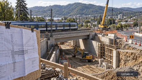 Obras de infraestructura en un cruce ferroviario urbano con excavación, vías y señalización de tránsito.