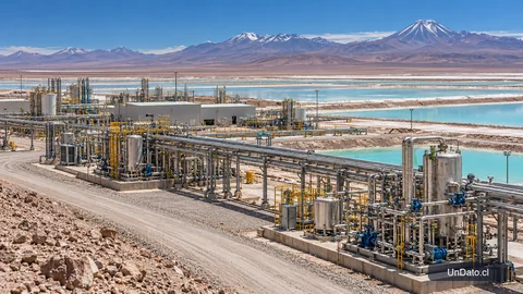 Instalaciones industriales para procesar salmuera en una planta de litio del Salar de Atacama, enmarcadas por el paisaje árido andino.