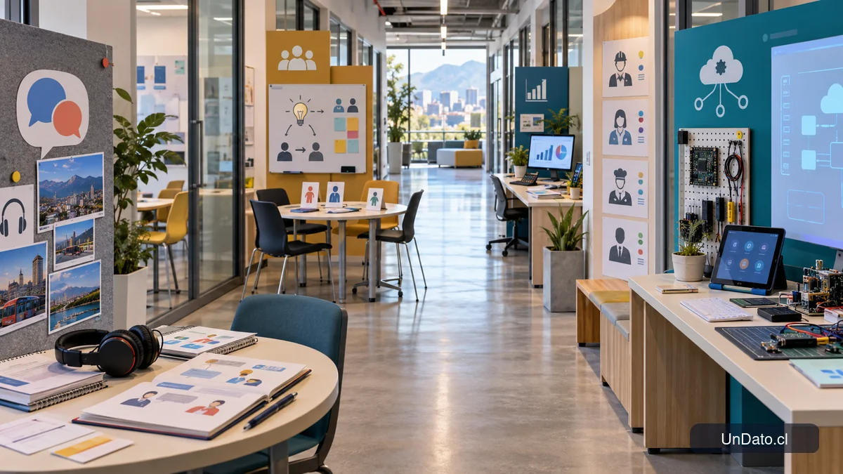 Centro de capacitación con estaciones de inglés laboral, liderazgo, datos y transformación digital orientadas a distintos cargos