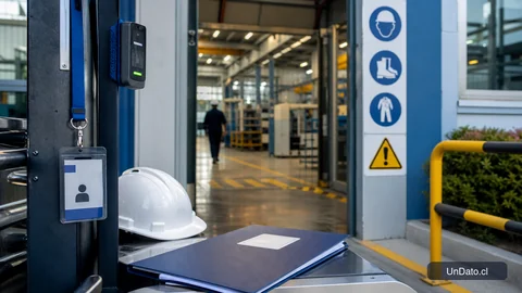 Credencial de acceso, casco de seguridad, carpeta de inducción y señalética de ingreso en una entrada de taller o planta.