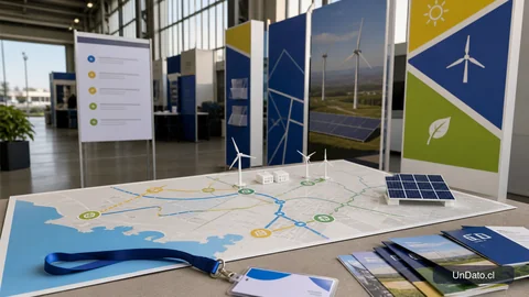 Entrada de feria laboral con tótems informativos, letreros de vacantes, un mapa del sector energético y una maqueta de paneles solares.