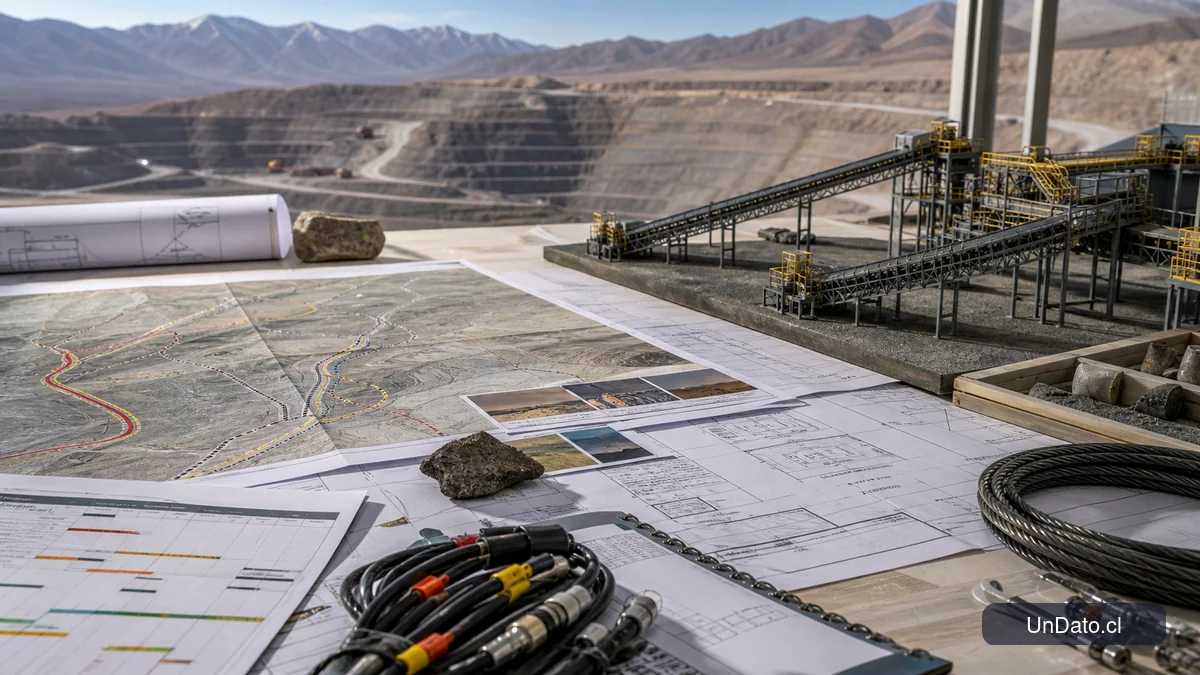 Planos de expansión minera junto a una maqueta de correas transportadoras, cableado industrial y un mapa de rutas logísticas.