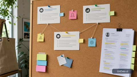 Tablero de corcho con tarjetas de vacantes, etiquetas de colores y un CV resaltado para comparar versiones de postulación.